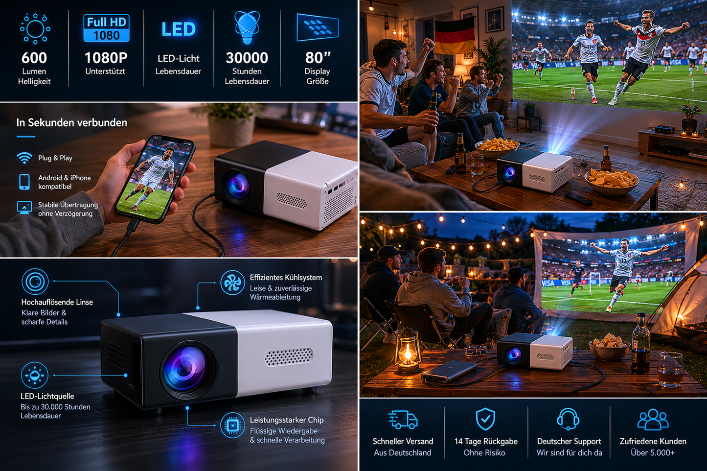 Mini Wm-Beamer. Kleiner tragbarer Hightech Projektor für spannende Fußball-Momente am Abend