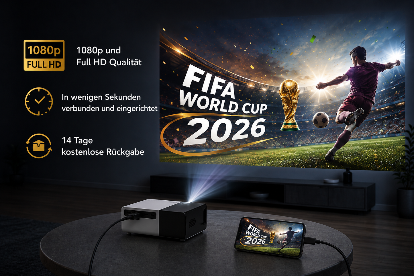 Mini Wm-Beamer. Kleiner tragbarer Hightech Projektor für spannende Fußball-Momente am Abend